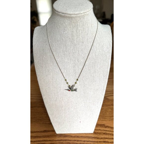 Hummingbird Pendant Necklace With Green Beads On Silver Chain 18 Inches Dainty - Picture 2 of 6